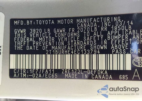 2014 Toyota Corolla L from USA, damaged, VIN 2T1BURHE4EC133794